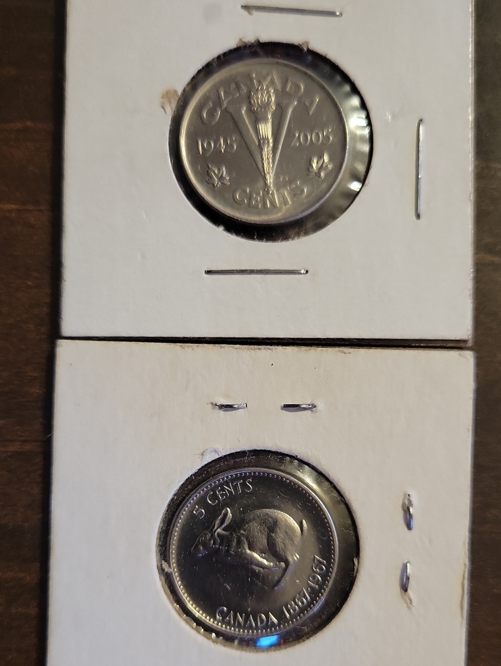 Canadian Commerative Five Cent Nickel Coins - 1967 Rabbit Nickel & 2005 Victory